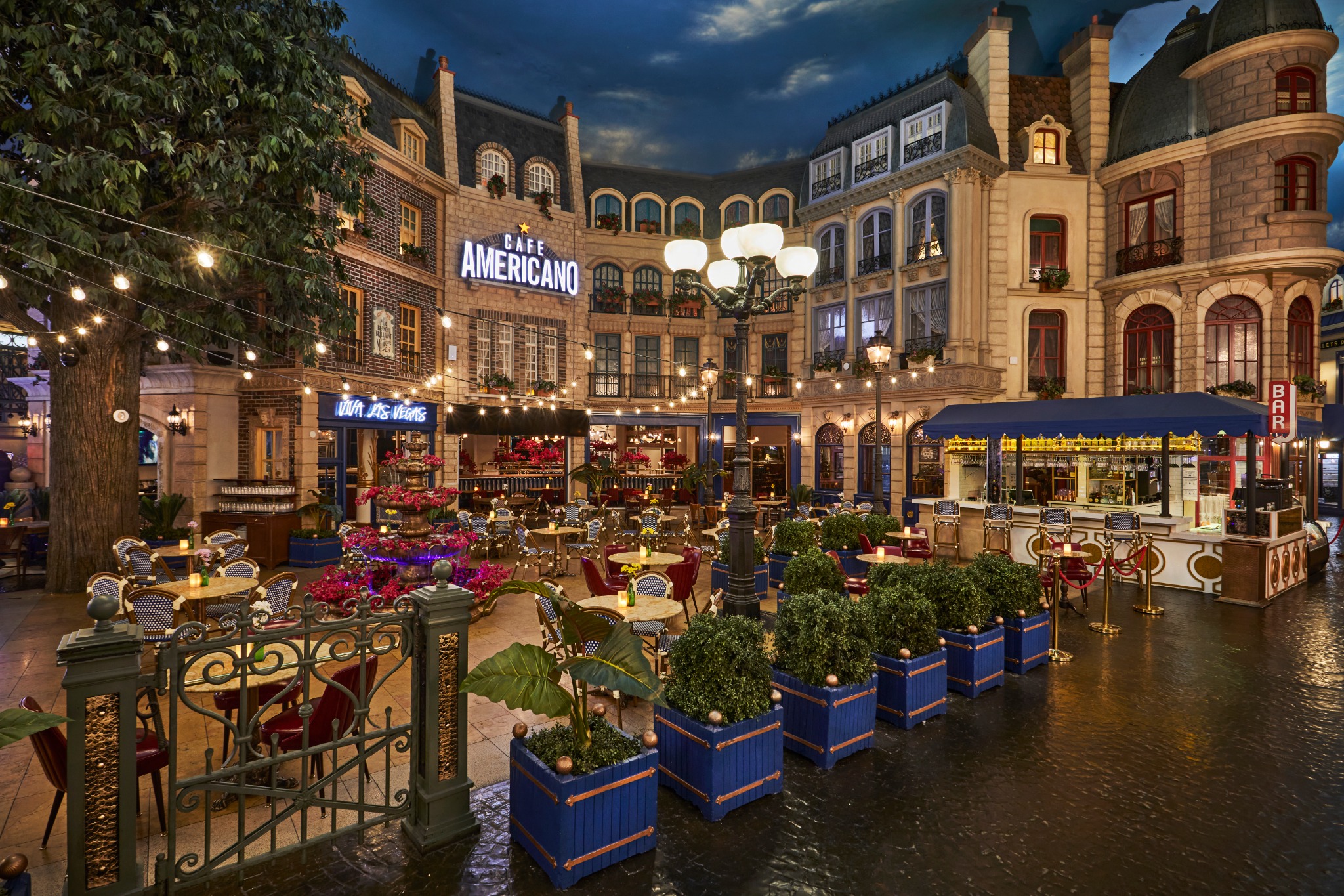 Professional restaurant audio and audiovisual system at Cafe Americano in Paris Hotel, Las Vegas